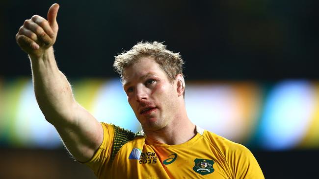 LONDON, ENGLAND - OCTOBER 25: David Pocock of Australia celebrates by giving the thumbs up to the fans after winning the 2015 Rugby World Cup Semi Final match between Argentina and Australia at Twickenham Stadium on October 25, 2015 in London, United Kingdom. (Photo by Paul Gilham/Getty Images)