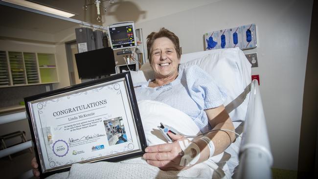 Linda McKenzie, of Bridgewater, was the first patient to be operated on in the new K-Block surgical ward at the Royal Hobart Hospital. Picture: LUKE BOWDEN