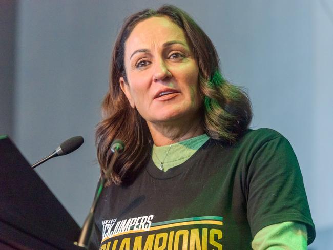 DEVONPORT, AUSTRALIA - APRIL 07: Jackjumpers CEO Christine Finnegan speaks with fans during the Tasmania Jackjumpers NBL Grand Final celebrations at on April 07, 2024 in Devonport, Australia. (Photo by Simon Sturzaker/Getty Images)