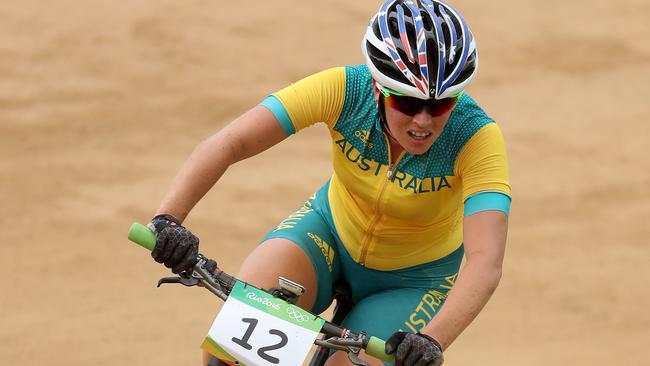 Rebecca Henderson of Australia races during the Women's Cross-Country Mountain Bike