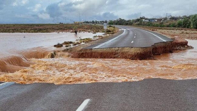 A patch of the Olympic Dam Highway between Pimba and Woomera was washed away over the weekend. Picture via Spud’s Roadhouse/Facebook