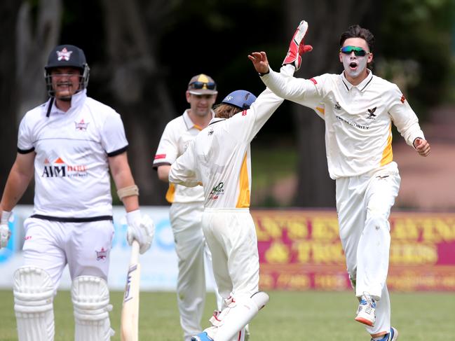 BPCA A2: Drysdale v Armstrong Creek at Drysdale. Drysdale bowler Bailey Sykes celebrates taking the wicket of Armstrong Creek's Cameron Chishlom, caught and bowled for 1. Picture: Mike Dugdale