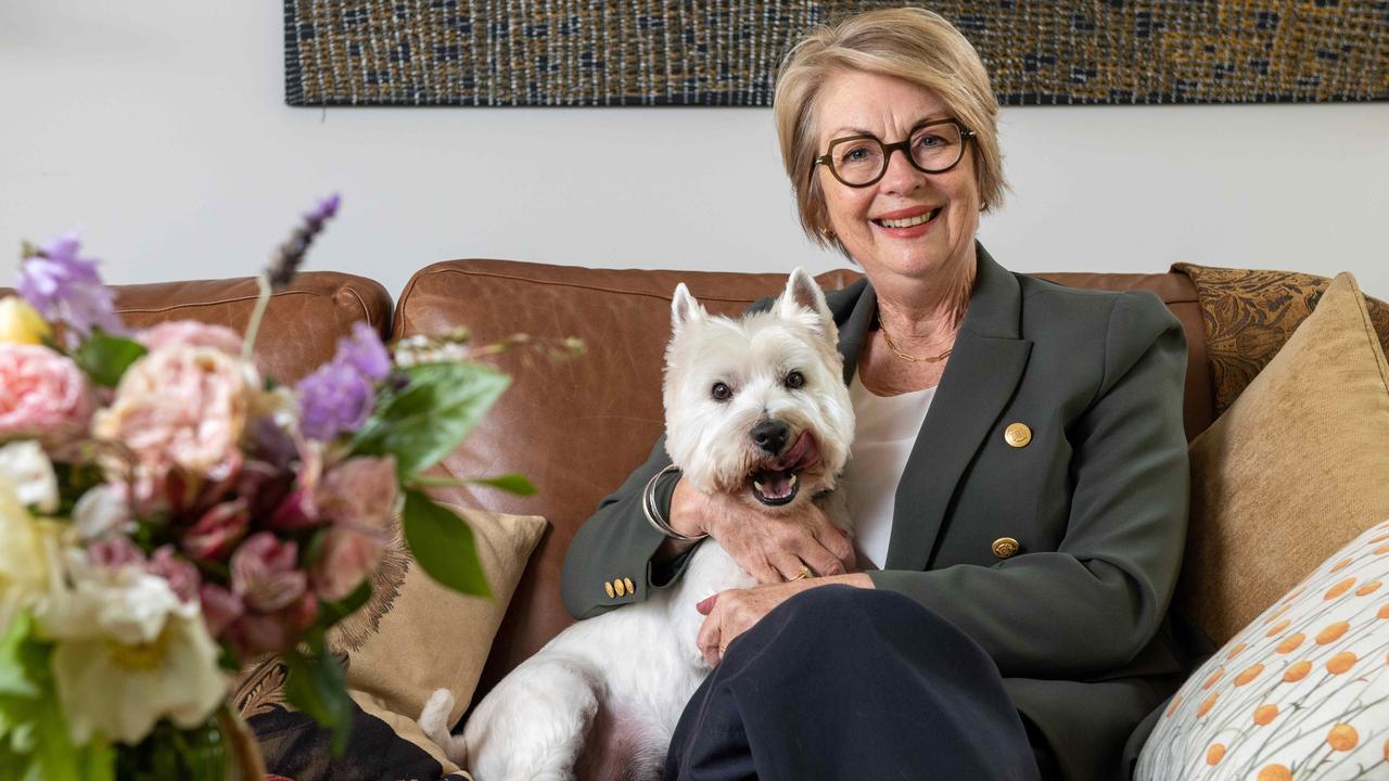 Channel 7’s Adelaide newsreader Jane Doyle, at home in Beulah Park with her dog Hamish, has announced her retirement after 33 years with the station. Picture: Naomi Jellicoe