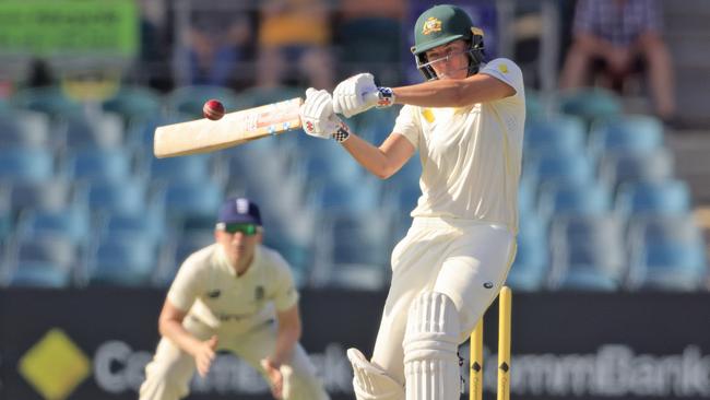 CANBERRA, AUSTRALIA - JANUARY 27: Tahlia McGrath of Australia bats during day one of the Women's Test match in the Ashes series between Australia and England at Manuka Oval on January 27, 2022 in Canberra, Australia. (Photo by Mark Evans/Getty Images)