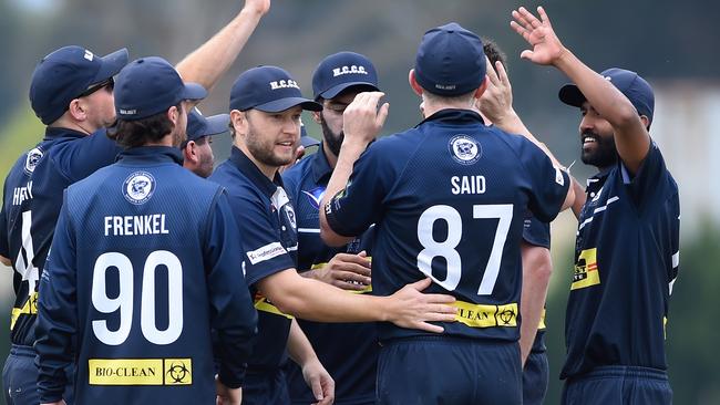 Hoppers Crossing celebrates a wicket during its big win on Saturday. Picture: Steve Tanner