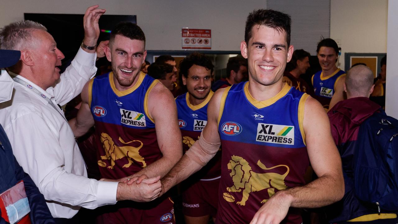 Brandon Starcevich (right) was thrilled with Brisbane’s elimination final win over Richmond. Picture: Russell Freeman / AFL Photos via Getty Images