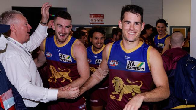 Brandon Starcevich (right) was thrilled with Brisbane’s elimination final win over Richmond. Picture: Russell Freeman / AFL Photos via Getty Images