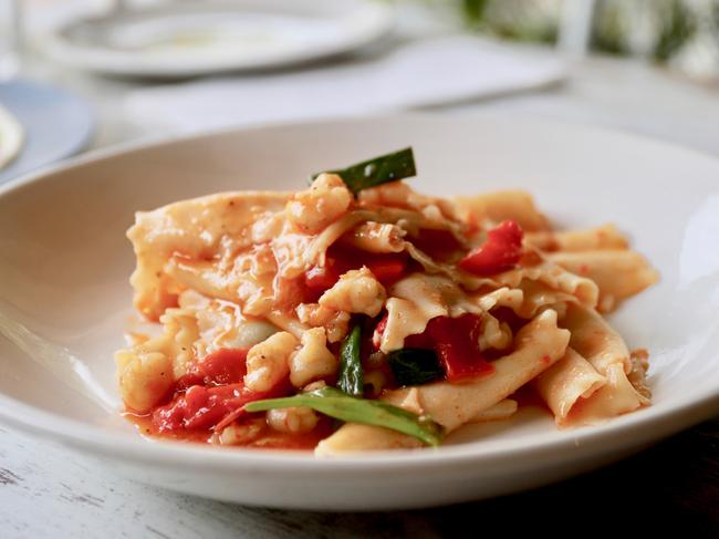 EAT STREET + Leichhardt - Capriccio Osteria - Maltagliati with QLD banana prawns, green shallot and roasted red pepper, photo - Jenifer Jagielski