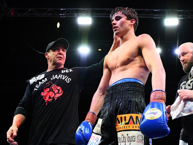 BENDIGO, AUSTRALIA - AUGUST 31: Brock Jarvis is hugged by his trainer Jeff Fenech after beating Ernesto Sailing during their super bantamweight before the Australian Middleweight bout between Jeff Horn and Michael Zerafa at Bendigo Stadium on August 31, 2019 in Bendigo, Australia. (Photo by Quinn Rooney/Getty Images)