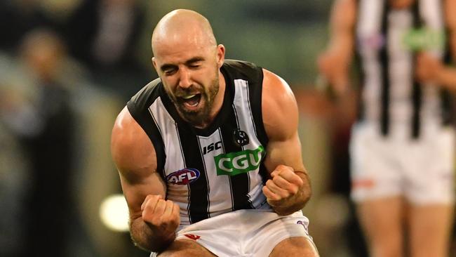 Steele Sidebottom celebrates after the final siren of the AFL's First Qualifying Final between the Geelong Cats and Collingwood.  Picture: Stephen Harman