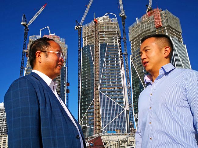 Xiangmo Huang and his son Jimmy Huang at the construction site for Jewel, which is now owned by their company Yuhu Group. Photo: Supplied