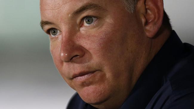 Knights coach Adam O'Brien at the post match press conference after the Round 5 NRL match between the Newcastle Knight and the Melbourne Storm at Central Coast Stadium in Gosford, Saturday, June 13, 2020. (AAP Image/Darren Pateman) NO ARCHIVING, EDITORIAL USE ONLY