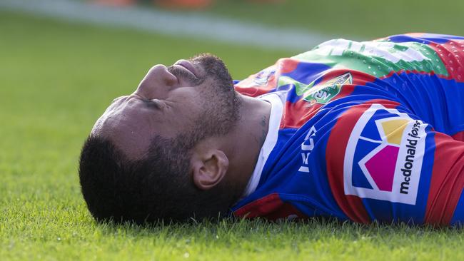 Tautau Moga injured his knee during the Knights’ loss to the Dragons.