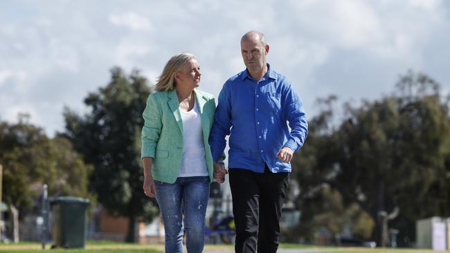 MELBOURNE , AUSTRALIA. March 14 , 2024.  AFLÃ Ex Footscray footballer Nigel Kellett and partner Sue at beach over looking Williamstown Ã   Pic: Michael Klein