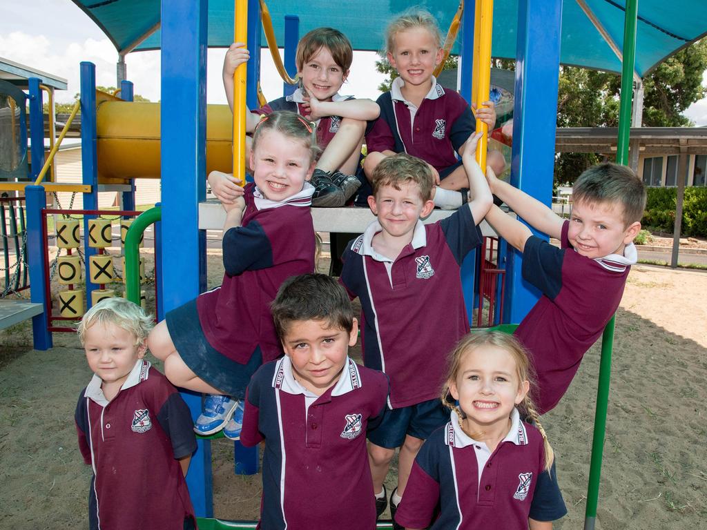 MY FIRST YEAR 2024: Allora State School Prep students (back) Fletcher and Mackenzie, (middle row, from left) Lily, Archie and Oscar and (front row, from left) Jake, Beau and Dekoda, February 2024. Picture: Bev Lacey