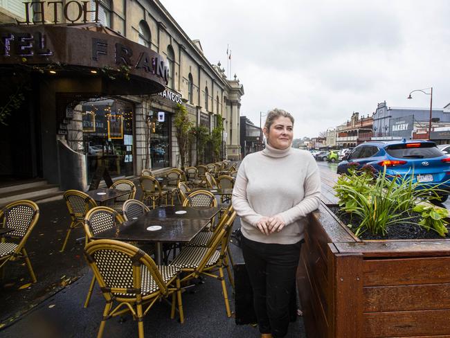 Hotel Frangos owner Louise Melotte at outside the historic hotel in Daylesford. Picture: Aaron Francis