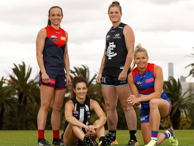 Victorian AFLW Captains: Daisy Pearce of the Demons, Stephanie Chiocci of the Magpies, Brianna Davey of the Blues and Katie Brennan of the Bulldogs. Picture: Michael Willson/AFL Media