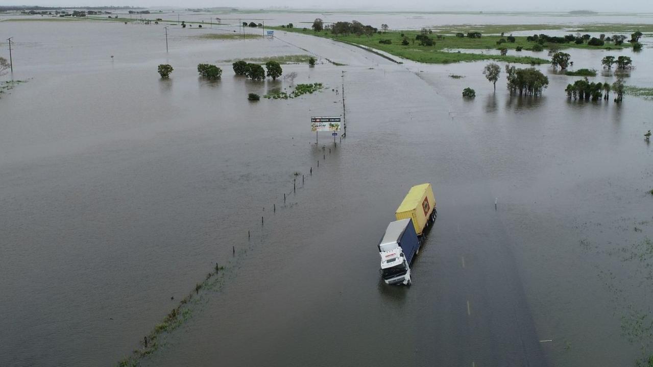 Drone images of flooding at Thompson's Creek on the Bruce Highway looking north. Photos: Robert Murolo