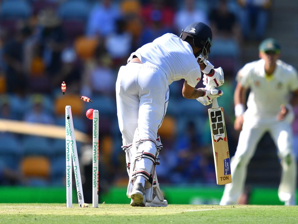 A sight all fast bowlers love to see, middle stump dislodged. Richardson did it in his first Test and it’s hard to think it will be his last. Picture: Darren England/AAP Image