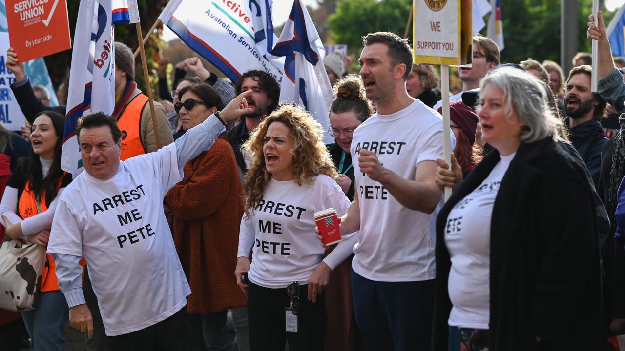 SA Best members Frank Pangallo and Connie Bonaros and Greens members Rob Simms and Tammy Franks joined civil rights groups in Festival Plaza, rallying against new anti-protest laws. Picture: NCA NewsWire / Naomi Jellicoe