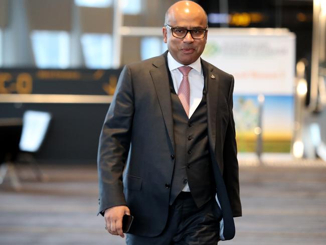 British Industrialist Sanjeev Gupta arrives before addressing the Energy Storage Conference at the Adelaide Convention Centre in Adelaide, Wednesday, May 23, 2018. Producing cheaper, lighter electric cars means Australia can again be a competitive vehicle manufacturer, a leading British industrialist says. Sanjeev Gupta, whose company, GFG Alliance, recently bought Whyalla's steelworks, has committed to producing small-scale electric cars in the country. (AAP Image/Kelly Barnes) NO ARCHIVING