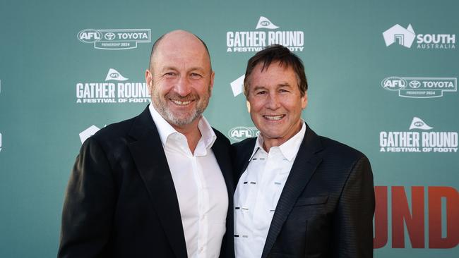 Outgoing Collingwood president Jeff Browne (right) with chief executive Craig Kelly at Gather Round earlier this year. Picture: Dylan Burns / Getty Images