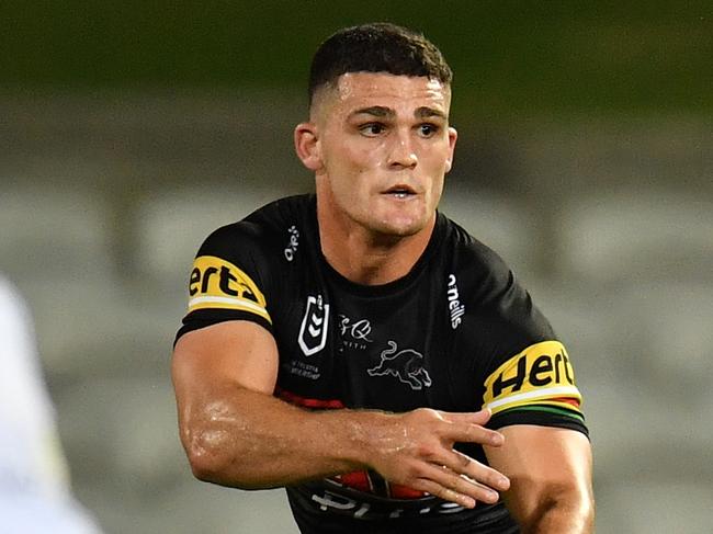 Nathan Cleary of the Panthers off loads the ball during the Round 2 NRL match between the St George Illawarra Dragons and Penrith Panthers at Netstrata Jubilee Stadium in Sydney, Friday, March 20, 2020. (AAP Image/Dean Lewins)