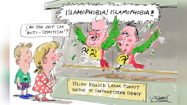 ‘Our moral outrage students and academics are aquiver with hatred of the world’s only Jewish state. Their universities take money from Arab states that outlaw gay relationships, host Confucius Institutes financed by a government that tolerates no dissent at all.’ Above, Johannes Leak’s cartoon on Tuesday.