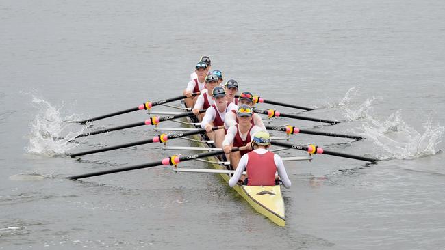 The Southport School will compete in Head of the River this week. The crew on the water. (front to back) coxman Cameron Vele, Zach Nixon, Mackenzie Branch, Lachie Wright, Harry Ward, Baxter Stewart, Grant Callaghan, Kai Dittmar, Dylan Kennedy. Picture: Lawrence Pinder