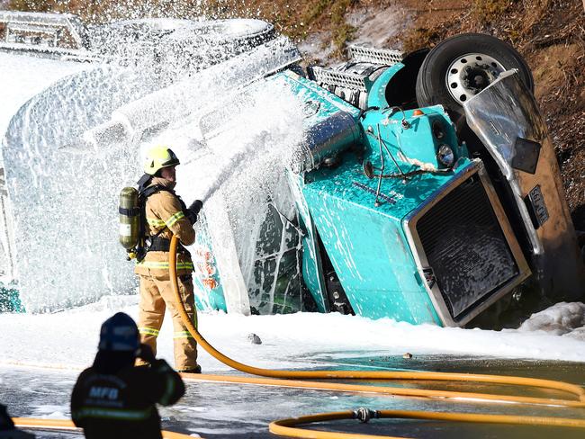 A petrol tanker has over turned on the Calder Freeway in Melbourne. Picture: Josie Hayden