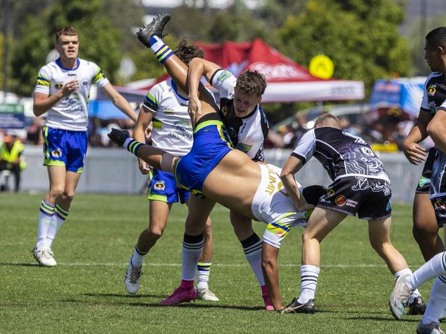 Harrison Rooke (left) and Kory Taaffe make a tackle. Picture: Andrea Francolini