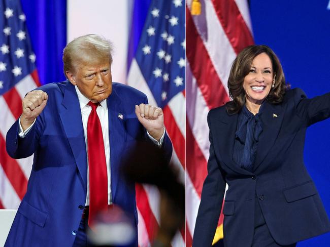 (COMBO) This combination of pictures created on September 09, 2024 shows, L-R, former US President and Republican presidential candidate Donald Trump dancing as he leaves the stage after speaking alongside former US Representative Tulsi Gabbard during a town hall meeting in La Crosse, Wisconsin, on August 29, 2024 and US Vice President and Democratic presidential candidate Kamala Harris arriving onstage to speak on the fourth and last day of the Democratic National Convention (DNC) at the United Center in Chicago, Illinois, on August 22, 2024. Harris and Trump made their final preparations on Monday, September 9, on the eve of their first -- and possibly only -- televised debate before the knife-edge 2024 US presidential election. With less than two months until election day, the face-off could be a turning point in a bitter contest between the Democratic vice president and Republican former president. (Photo by KAMIL KRZACZYNSKI and Mandel NGAN / AFP)