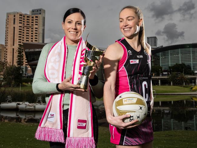 ADELAIDE, AUSTRALIA - JULY 04: Natalie von Bertouch, captain of the 2013 Adelaide Thunderbirds team which last won the championship, with current Captain of the Thunderbirds Hannah Petty pose together during a portrait session on the banks of the River Torrens on July 04, 2023 in Adelaide, Australia. The Thunderbirds will play the NSW Swifts in the 2023 Super Netball Grand Final this Saturday in Melbourne. (Photo by Sarah Reed/Getty Images)