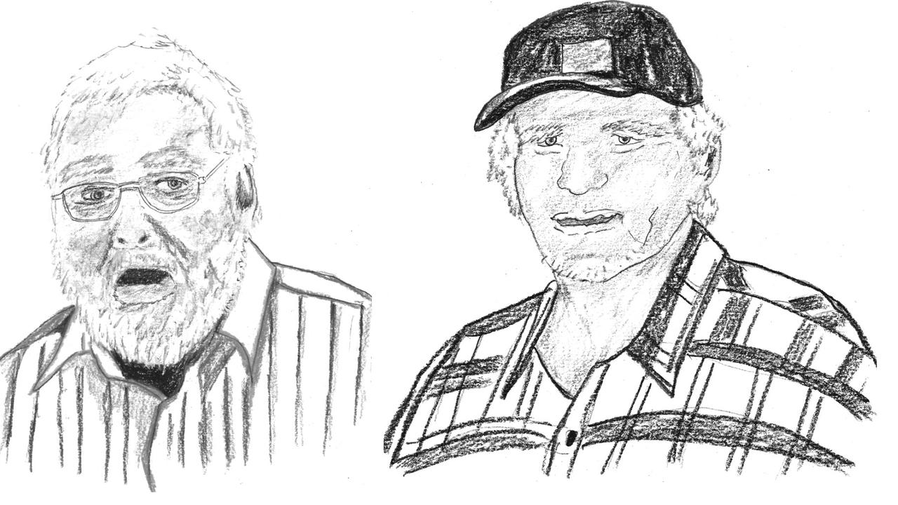 The author’s sketches of two inquest witnesses, and former neighbours, Geoffrey Owen (left) and Frank Abbott (right). Picture: Ally Chumley/Hardie Grant Books