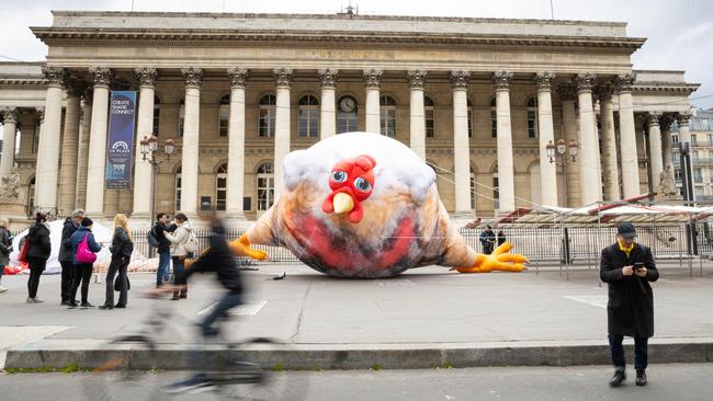 A giant inflatable chicken, nicknamed “Ross 308,” dominates the scene at Place de la Bourse in Paris, used by L214 to protest against the intensive poultry farming industry’s breeding practices and poor livestock conditions. Picture: Antonin Utz/AFP