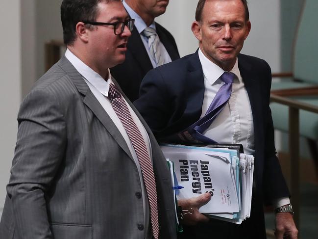 George Christensen and Tony Abbott talk after Question Time. Picture: Kym Smith