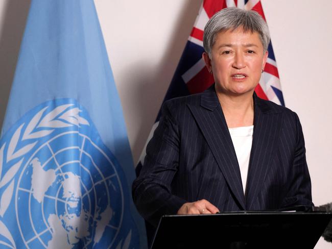 This handout photo released by Australia's Department of Foreign Affairs and Trade on September 24, 2024, shows Australia's foreign Minister Penny Wong speaking to media in New York about a proposed UN declaration on the protection of humanitarian workers. Wong is in the US to lead Australia's delegation to the 79th session of the United Nations General Assembly from September 23-27. (Photo by ANDREW KELLY / AUSTRALIA'S DEPARTMENT OF FOREIGN AFFAIRS AND TRADE / AFP) / XGTY / ---EDITORS NOTE ----RESTRICTED TO EDITORIAL USE MANDATORY CREDIT "AFP PHOTO / AUSTRALIAN DEPARTMENT OF FOREIGN AFFAIRS AND TRADE/ ANDREW KELLY â NO MARKETING NO ADVERTISING CAMPAIGNS - DISTRIBUTED AS A SERVICE TO CLIENTS