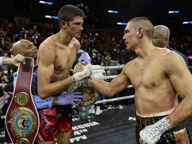 Sebastian Fundora shakes hands with Tim Tszyu after their title bout in Las Vegas. Picture: No Limit Boxing