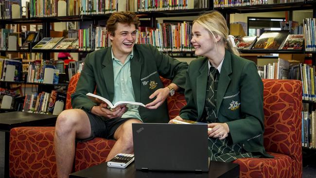 Callum Smith with school mate Ella Silvy who relocated to Adelaide from Mt Gambier with her family when she won a maths scholarship at Westminister. Picture: Mike Burton