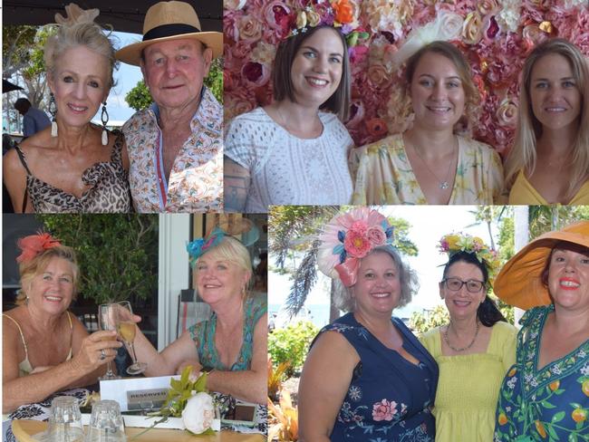 (Clockwise from top left) Alison and Ross Murrell; Kate Paton, Cass Roberts, Stephanie Ryan and Toni-Ann Parry; Victoria Austin, Margie Chidley and Rebecca Riddell-Gwydir; Linda Priday and Zoe Canfield enjoy Melbourne Cup celebrations in the Whitsundays.