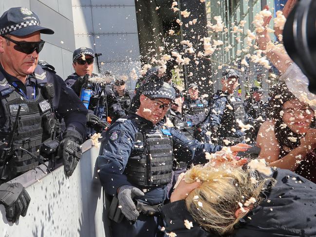 The week long protests at the International Mining and Resources Conference at Melbourne Exhibition and Convention Centre.  The climate change protesters that vowed to blockade the event clash with police. A woman is pepper sprayed.  Picture: Alex Coppel.