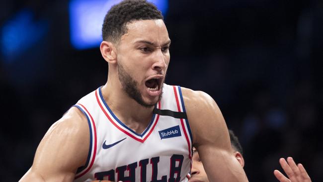 Philadelphia 76ers guard Ben Simmons reacts after grabbing a rebound during the second half of an NBA basketball game against the Brooklyn Nets, Monday, Jan. 20, 2020, in New York. The 76ers won 117-111. (AP Photo/Mary Altaffer)