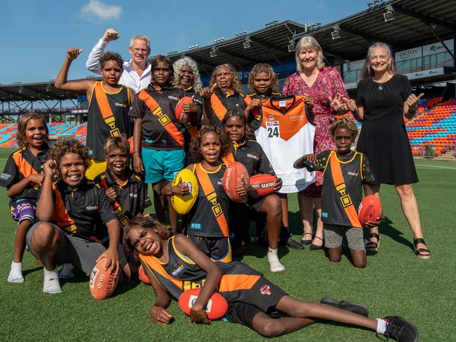 Sean Bowden, Chief Minister Eva Lawler and Minister Kate Worden at the announcement as Northern Territory taskforce has completed a business case into the viability of a AFL team in the NT with Areyongo (Utju). Picture: Pema Tamang Pakhrin