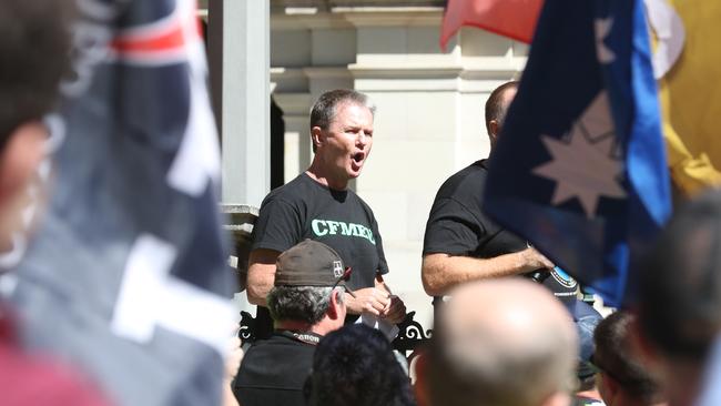 Michael Ravbar at Thursday’s CFMEU protest at State Parliament. Pic: Annette Dew