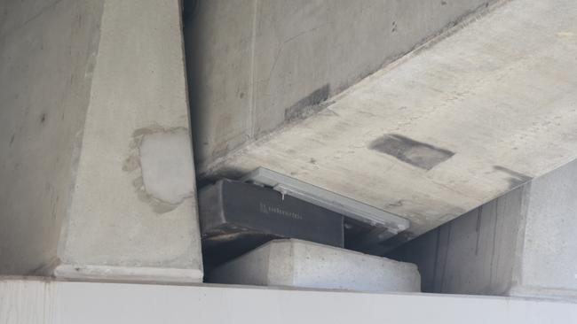 The tilted beam on the South Rd overpass, which has caused the road’s closure. Picture: Tait Schmaal.