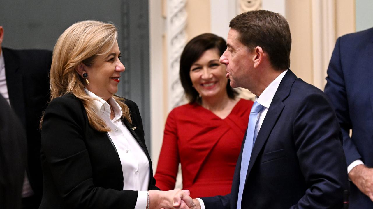 Premier Annastacia Palaszczuk and Treasurer Cameron Dick shake hands after Mr Dick handed down the 2022-23 state budget. Picture: NCA NewsWire / Dan Peled