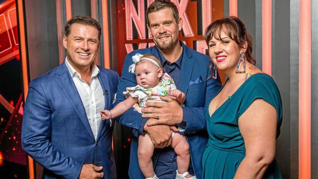 Yeppoon couple Clayton and Krissy Orr with their baby daughter Hope on the set of  This Time Next Year  with host Karl Stefanovic. Picture: Channel 9