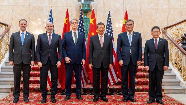 (L/R) US Trade Representative Jamieson Greer, US Secretary of Commerce Howard Lutnick, US Secretary of Treasury Scott Bessent, Chinese Vice Premier He Lifeng, Chinese Commerce Minister Wang Wentao, and Chinese International Trade Representative and Vice Minister of Commerce Li Chenggang. Picture: AFP