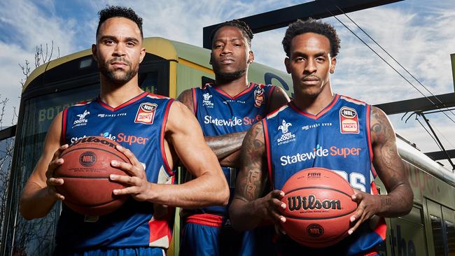 Adelaide 36ers’ Daniel Dillon, Eric Griffin and Deshon Taylor. Picture: MATT LOXTON