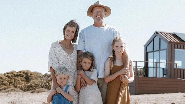 Eyre Way co-founder Amanda Hogg, together with he husband and co-founder Tim Hogg (39),  and their children Jybah (4), Elka (6), and India (9). Amanda passed away from bowel cancer aged 39. Picture: Supplied